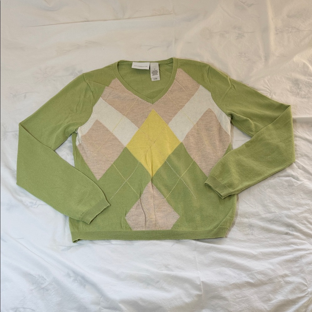 Liz Claiborne Green and Cream V-Neck Sweater